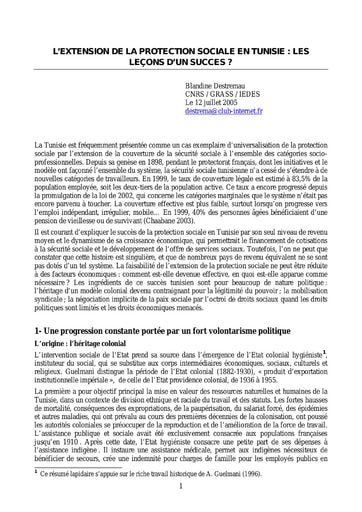 438 Destremau 2005 L’extension  protection sociale Tunisie leçons d’un succès