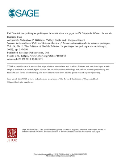 509 Nitièma Ridde Girard 2003 L'efficacité  politiq publiq Afriq Ouest  cas BF