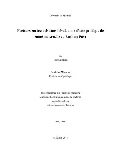 475 Belaid 2014 Facteurs  contextuels  l’évaluation  politiq Santé matern BF