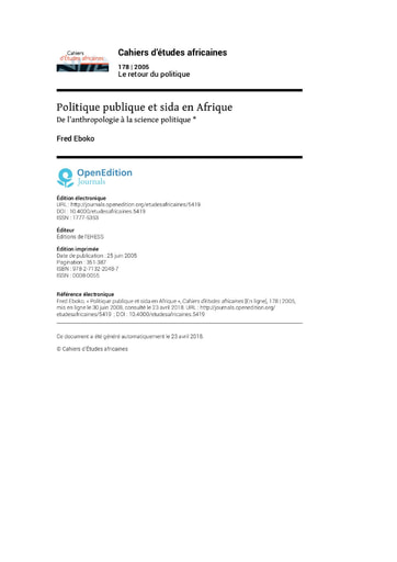 484 Eboko 2005 Politiq publiq  sida  Afriq anthropo science politiq